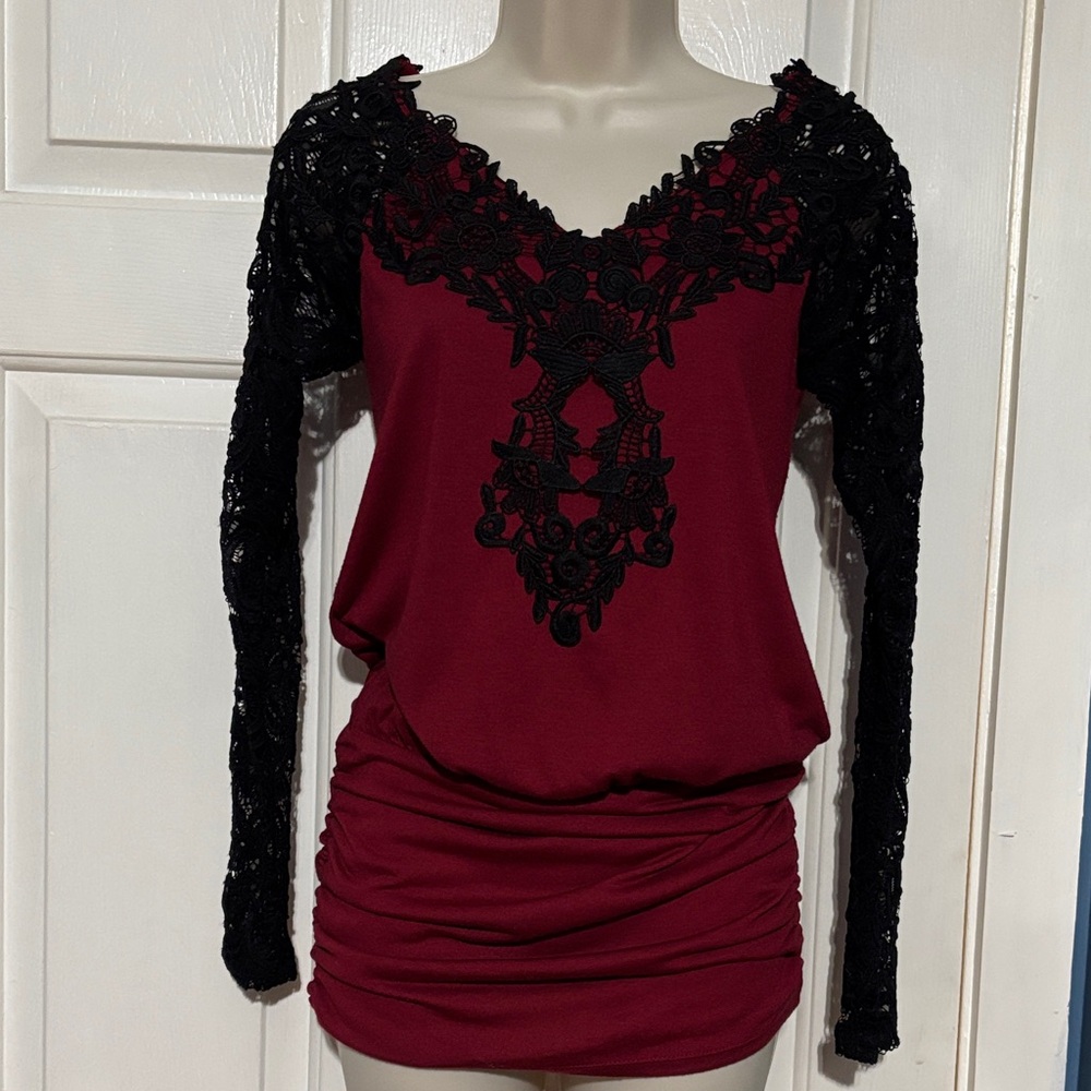 Venus ruched bottom top with Black Lace Sleeves